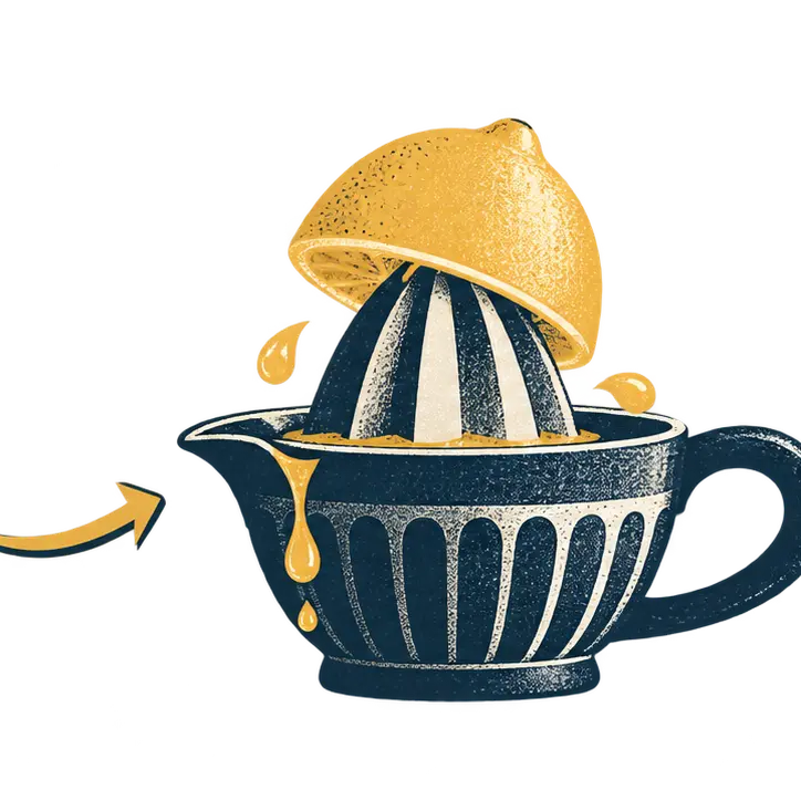 A lemon being squeezed on a manual citrus press